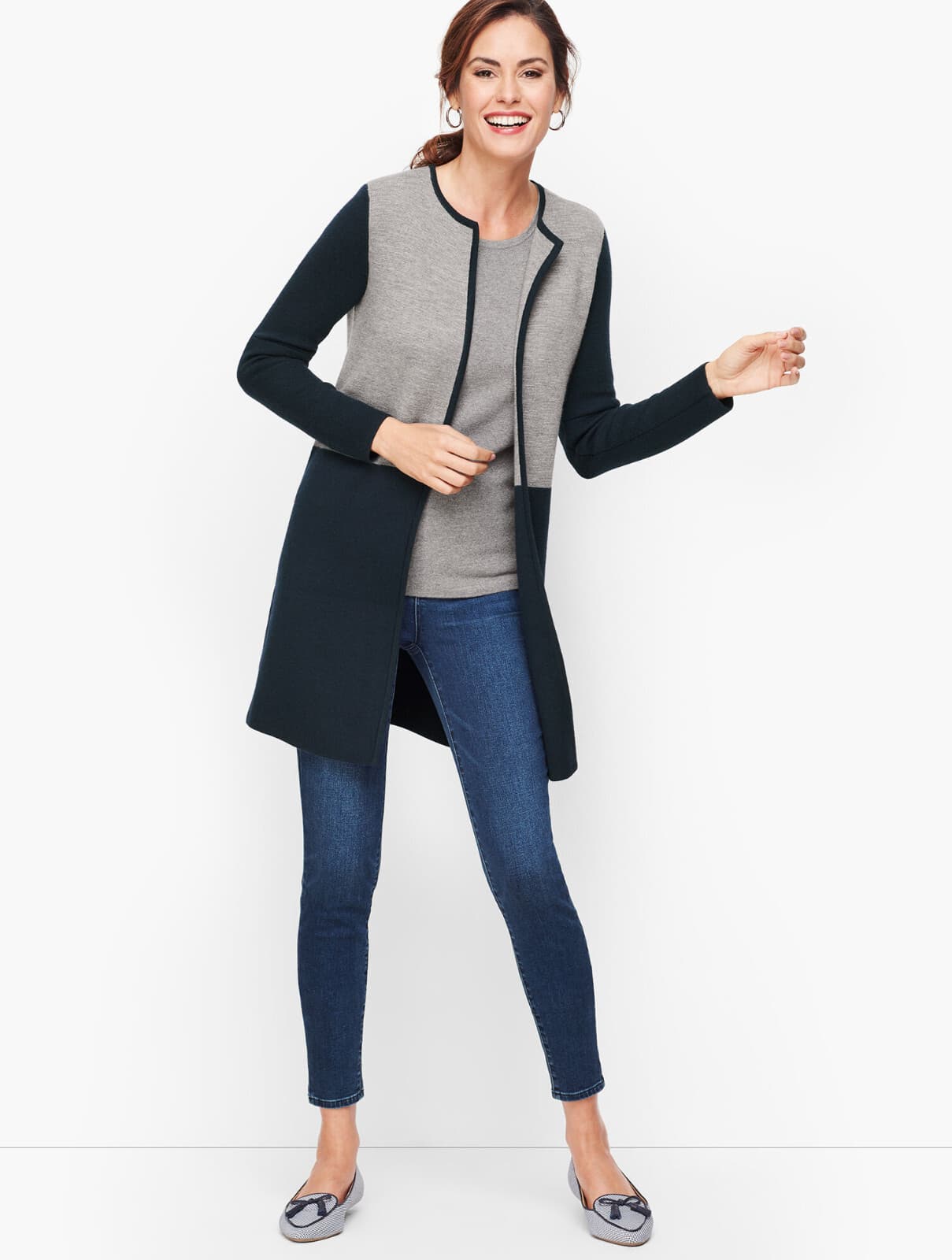 EUC Talbots Merino Wool Blend Open Long-Cardigan Sweater Colorblock Grey Blue LP