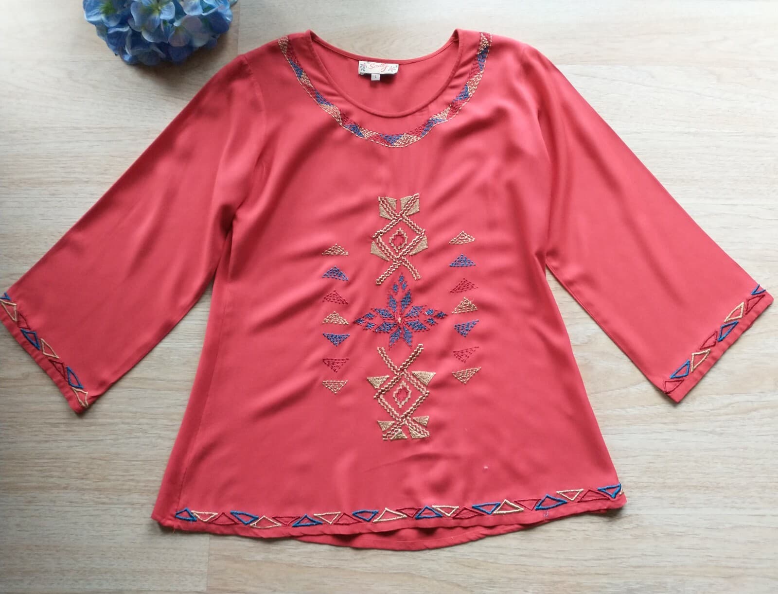 Scully Women Cotton Embroidered Tunic Top Long Sleeve Scoop Neck Red Sz.L