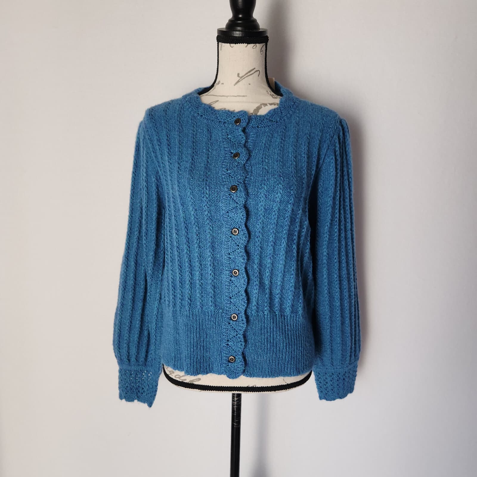NWT Sundance Alpine Kiss Cable Knit Cardigan Puff Sleeve Wool Blend Blue Sz.M