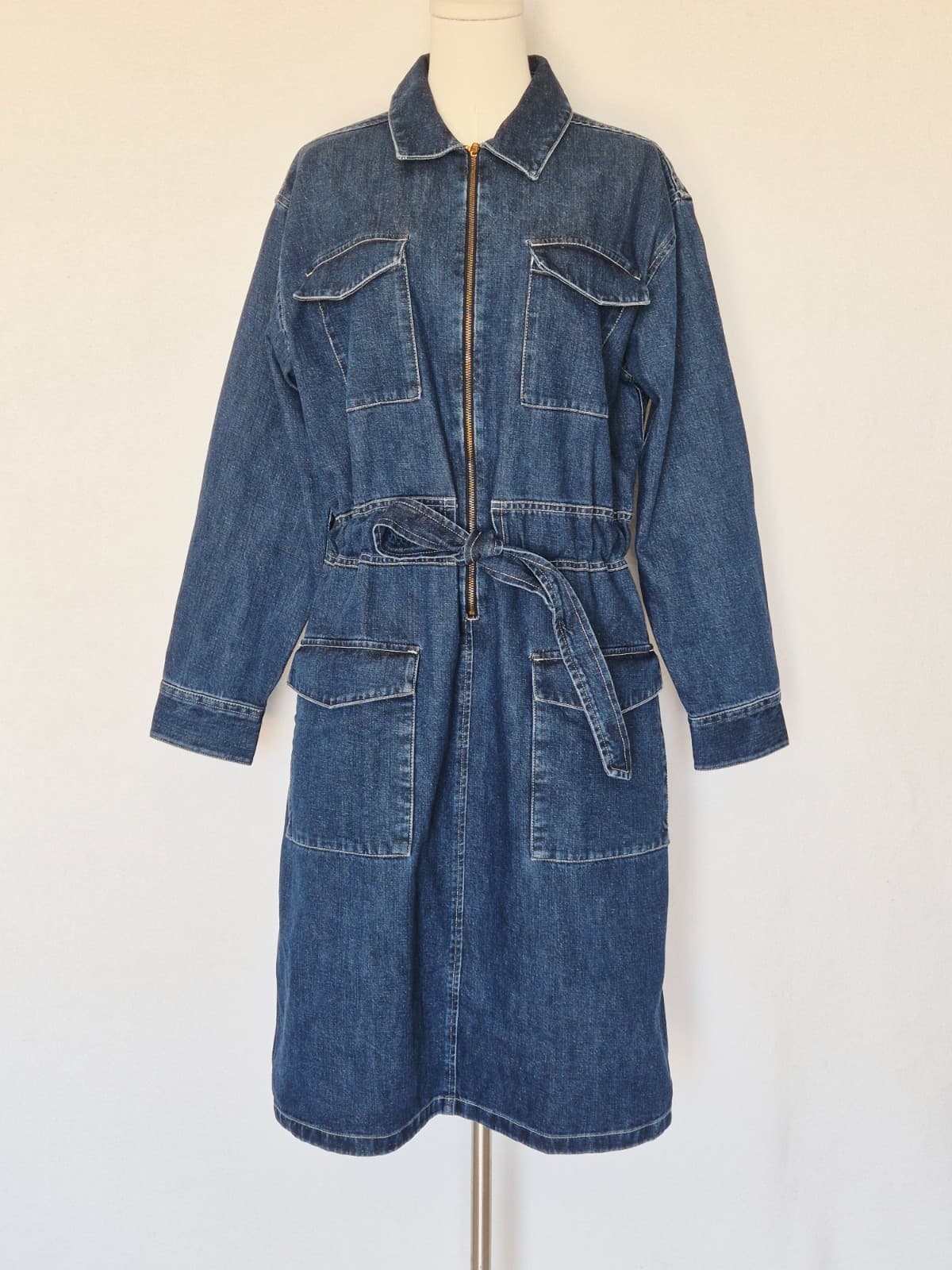 J.Crew Blue Denim Utility Dress Long Sleeve Tie-Waist Zip-Up Cotton Women's 10