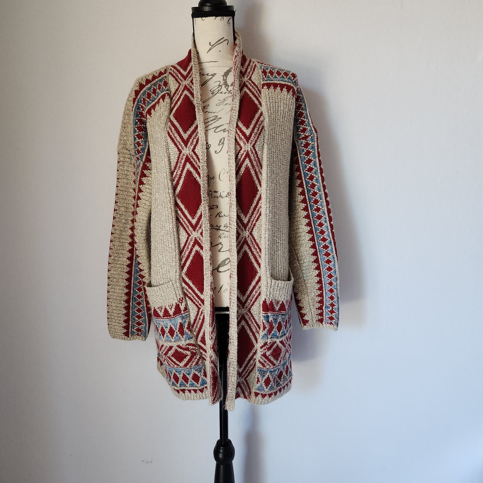 Lucky Brand Aztec Southwest Boho Open Cardigan Long Sleeve Pocket Red Beige Sz.M