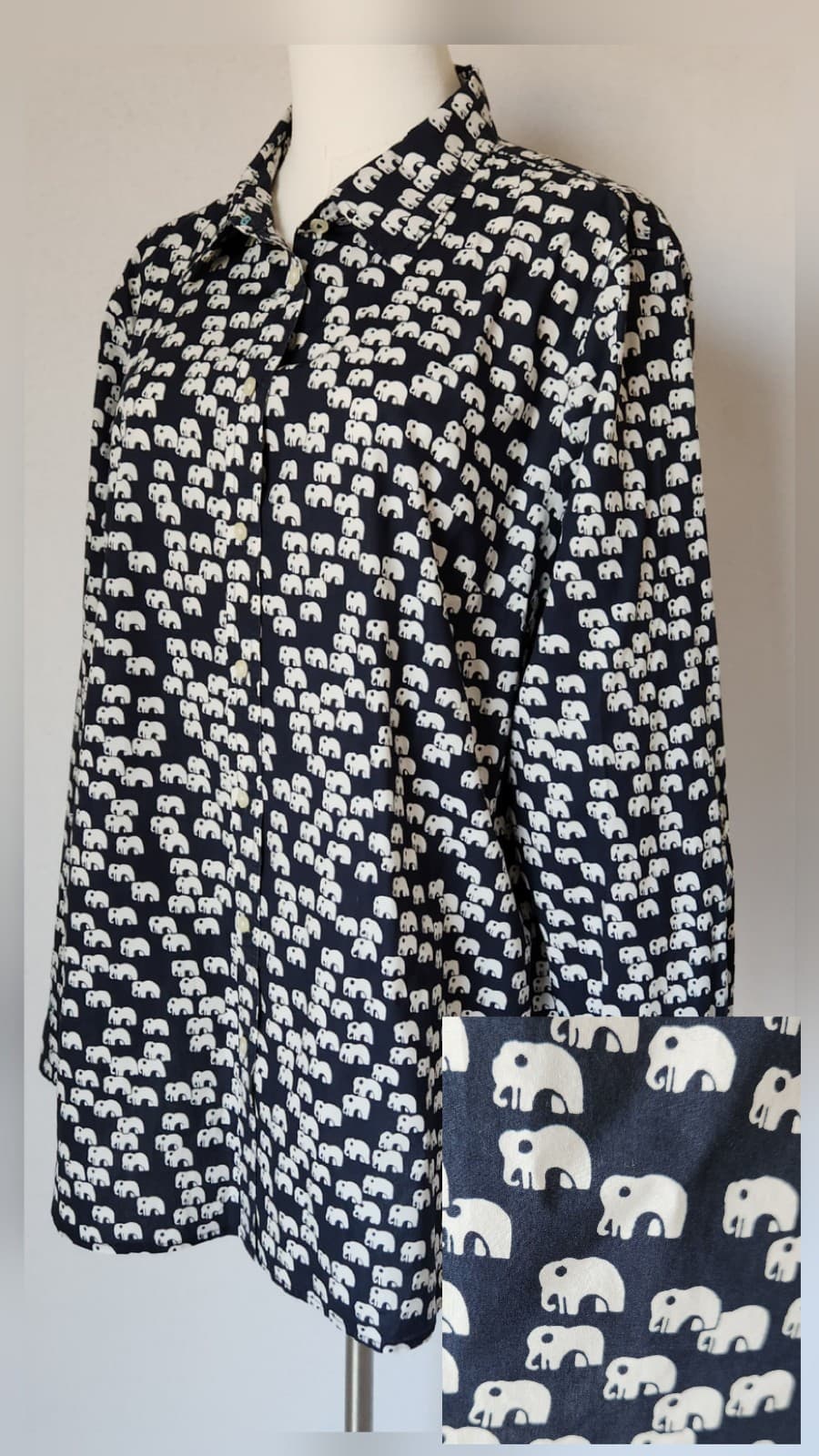 Talbots Elephant Printed Button-Up Tunic Shirt Long Sleeve Navy White Women's XL
