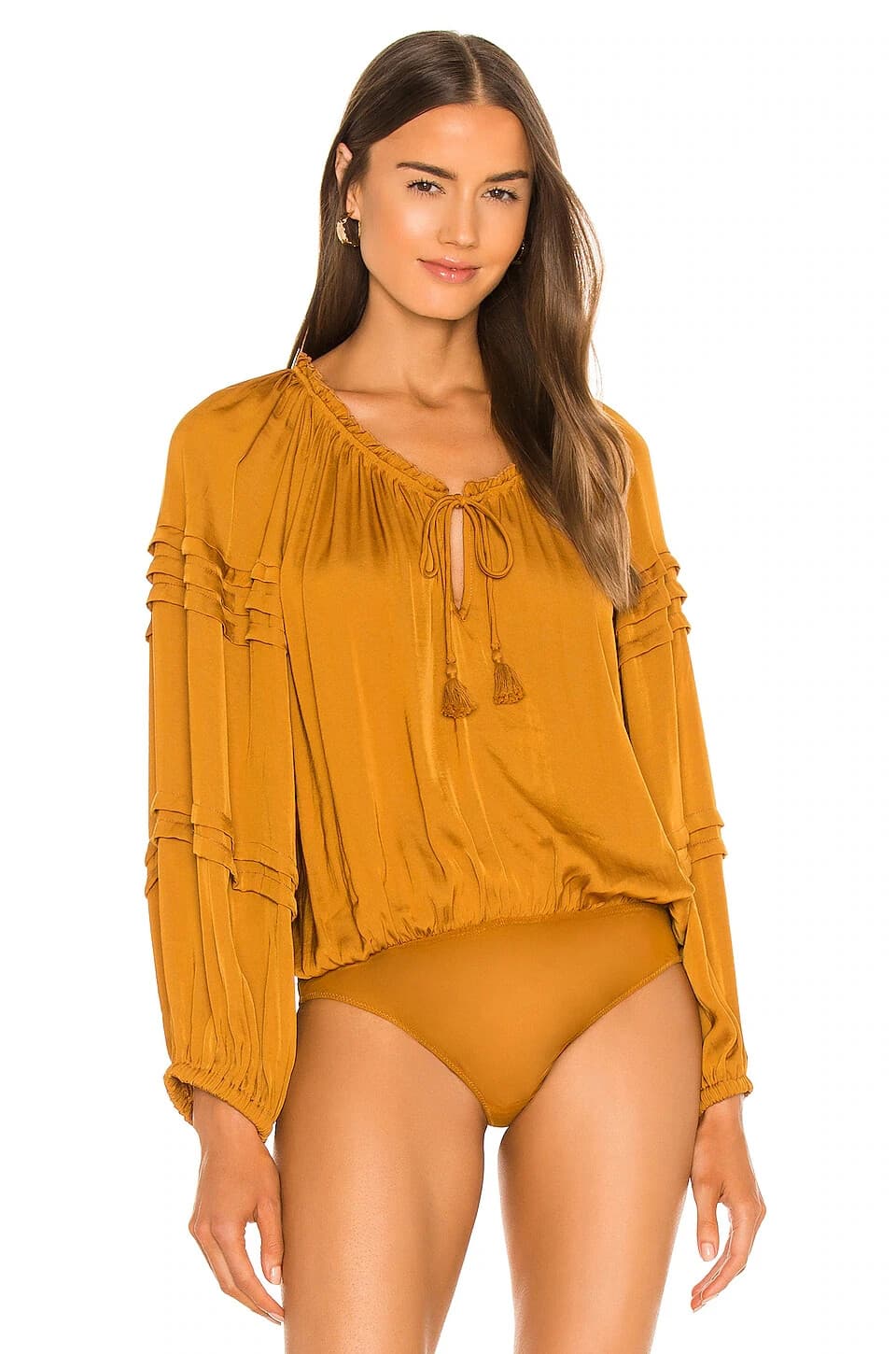 NWT Free People Intimately All Tucks Bodysuit Tassel Satin Autumn Pearl Sz.XS