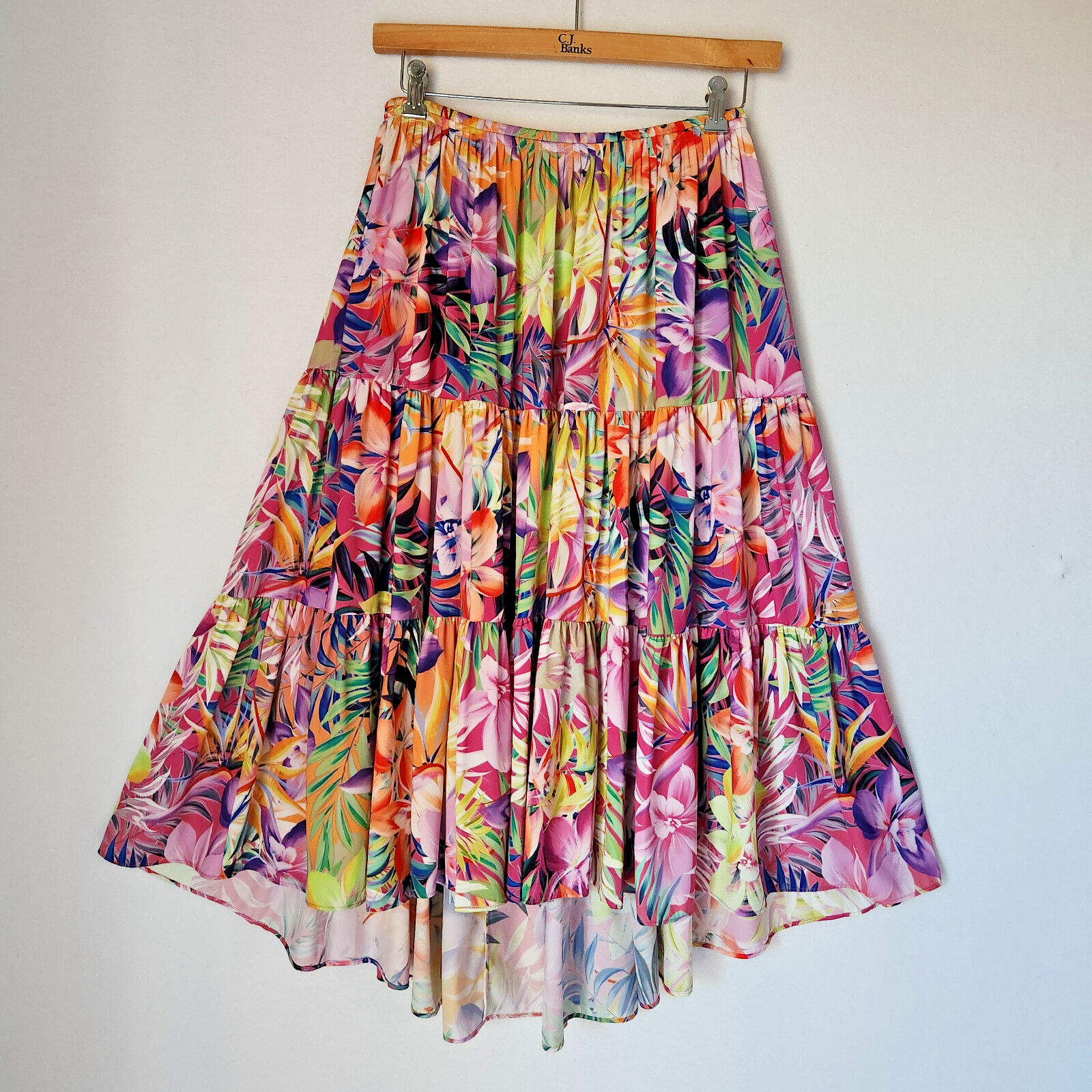 Kobi Halperin $378 Noe Floral Tiered Beach Hi-Low A-Line Skirt Pocket Pink Sz.S