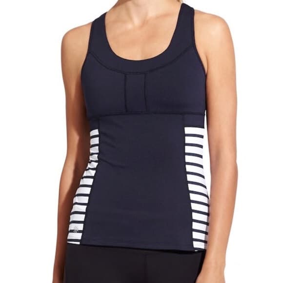 Athleta Hyper Stripe PR2 Activewear Tank Top Racerback Pocket Blue White Women M