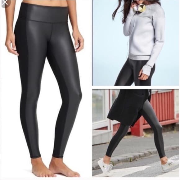 Athleta Delancey Gleam Faux Leather Front Tight Leggings Stretch Black Women's S