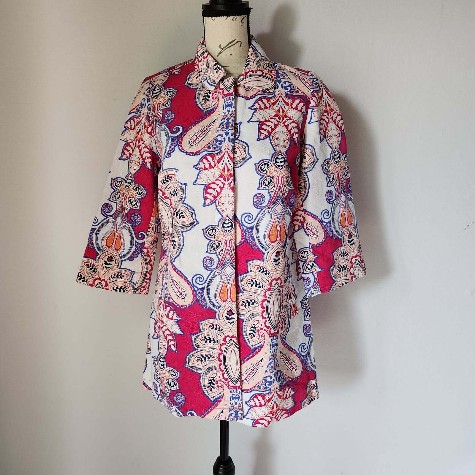 NWT Chico's Floral Pleat Back Topper Jacket 3/4 Sleeve Cotton Multicolor 0 (4/6)