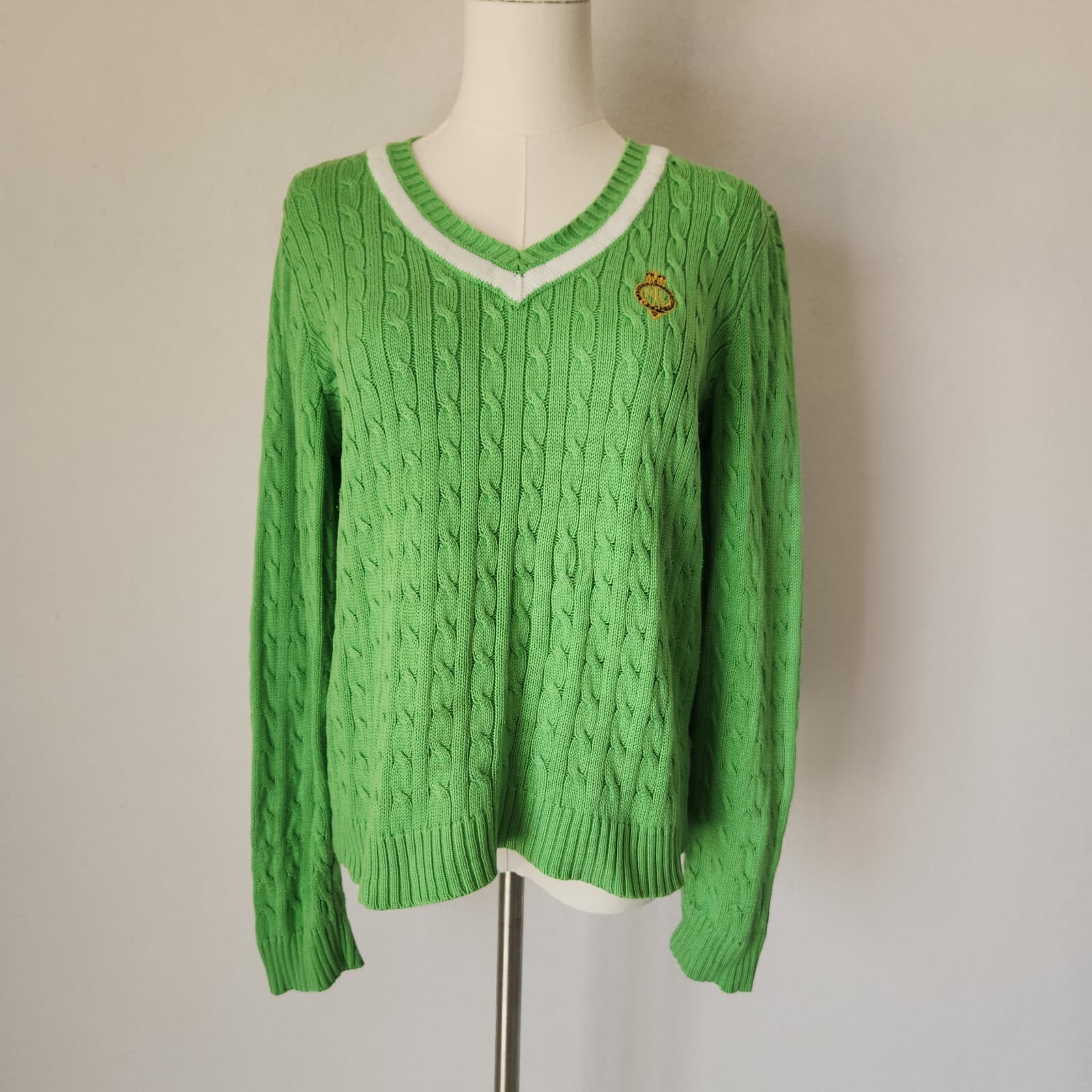Vintage Ralph Lauren Active Cricket Tennis Cable Knit V-Neck Sweater Green Sz.M