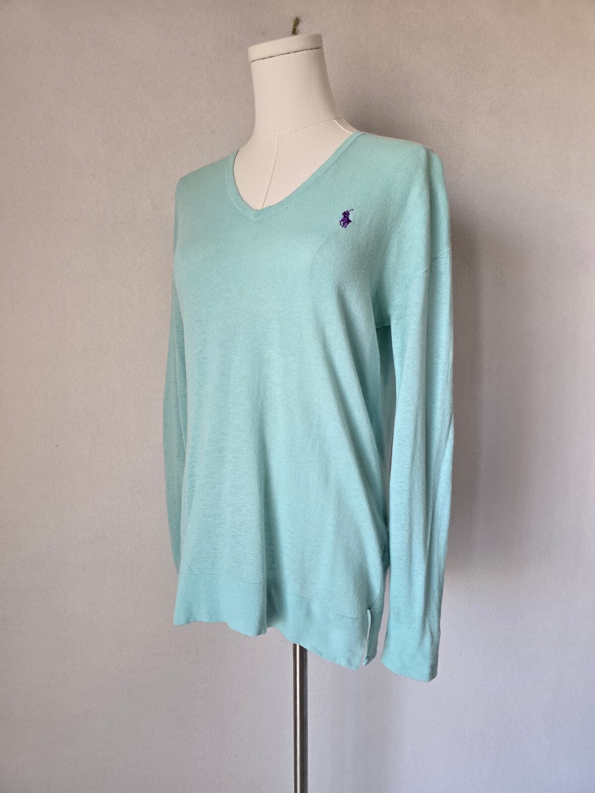 Polo Ralph Lauren Pony Linen Cotton Blend V-Neck Sweater Pale Blue Women's M