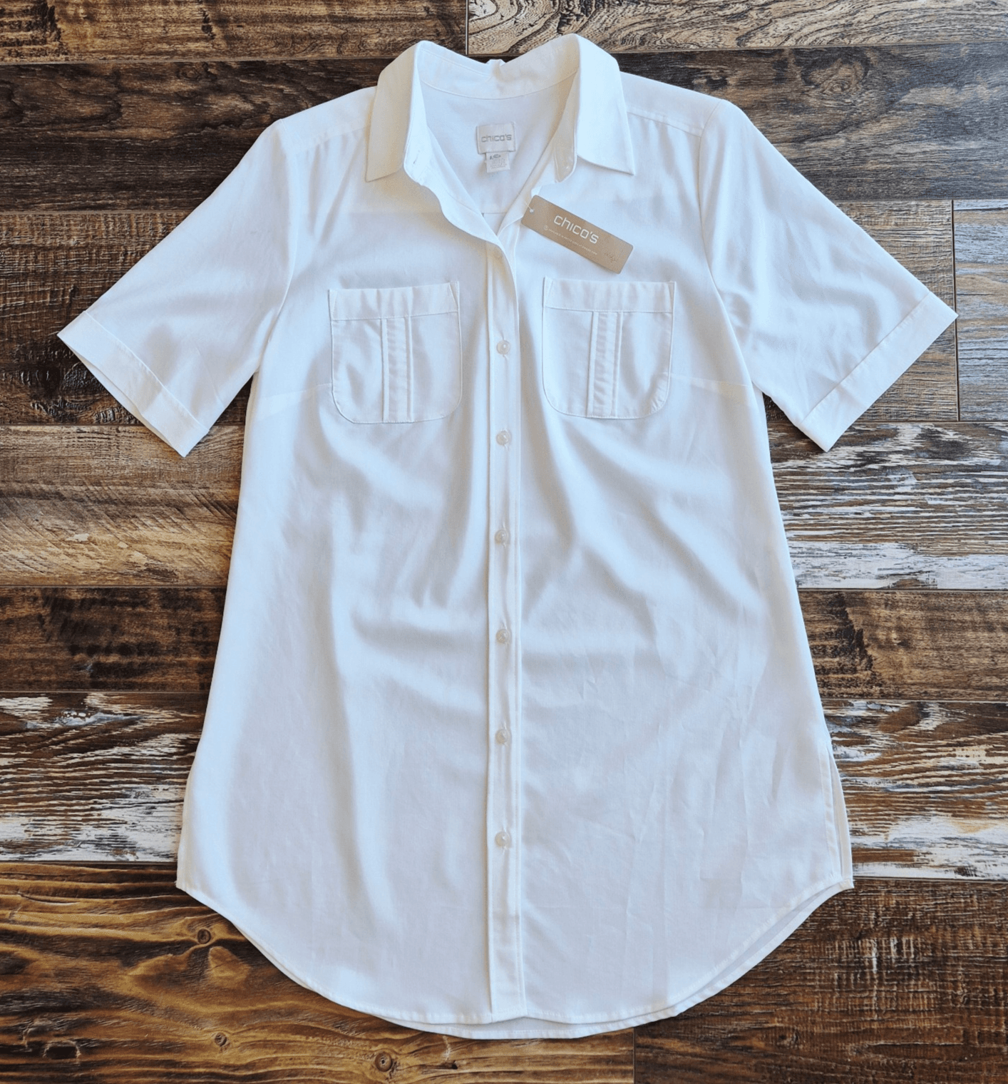 NWT Chico's Silky Soft Button-Up Long Shirt 3/4 Sleeve Pocket Alabaster Sz.0 4/6