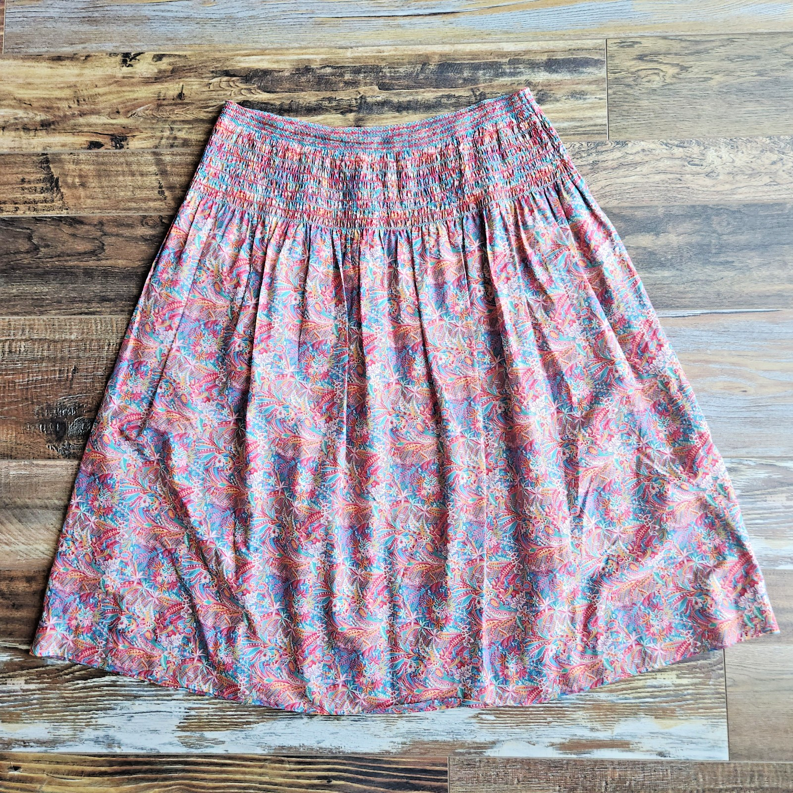 Liberty Plus Made in England Cotton Floral Smocked Midi Skirt Pullon Waist 34"