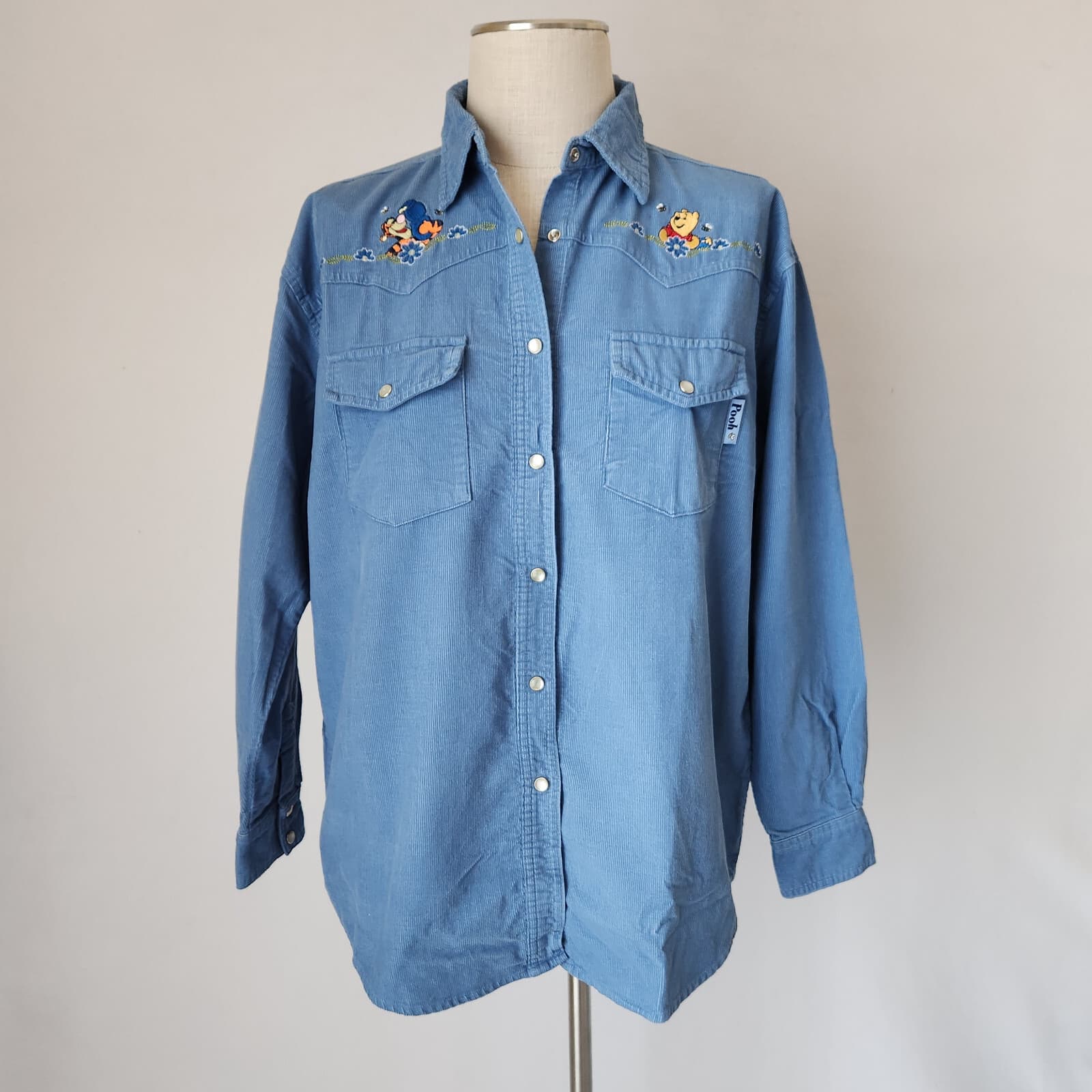 NWoT Pooh Disney Embroidered Corduroy Western Shirt Pearl Snap Blue Cotton Sz.S