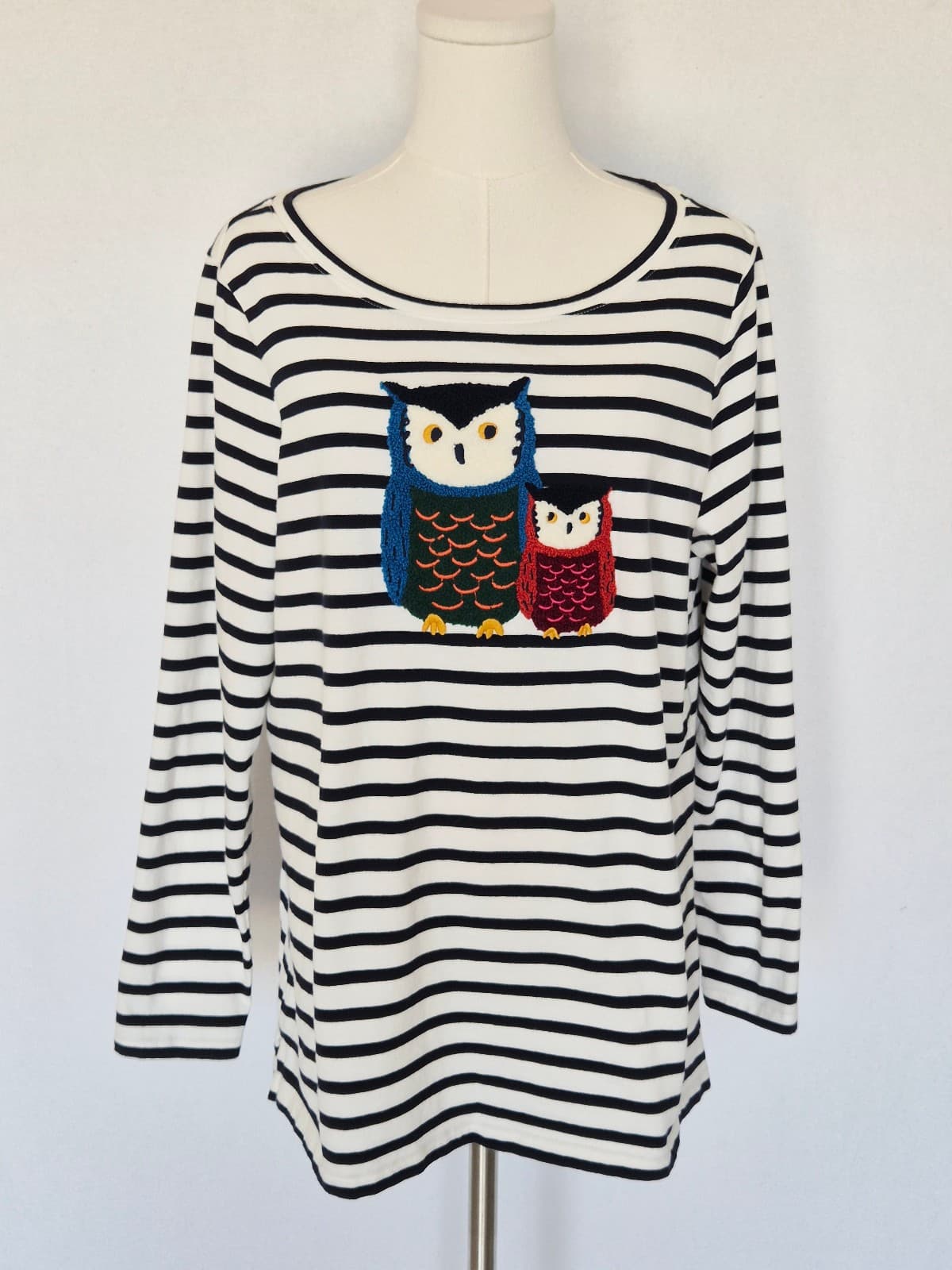 Talbots Embroidered Owl Friends Open Crewneck T-Shirt Stripe Black White Plus X