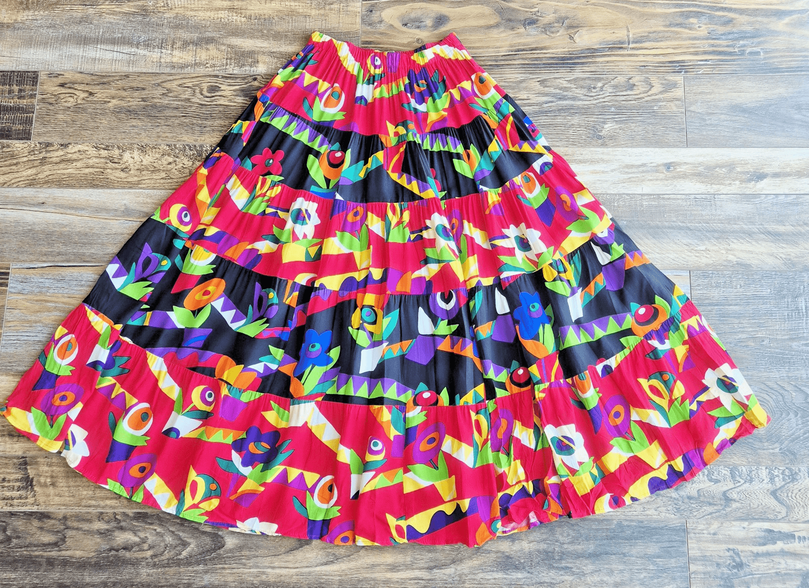 Vintage Ali Miles Vibrant Floral Animal Tiered Maxi Skirt Elastic Waist Size 12