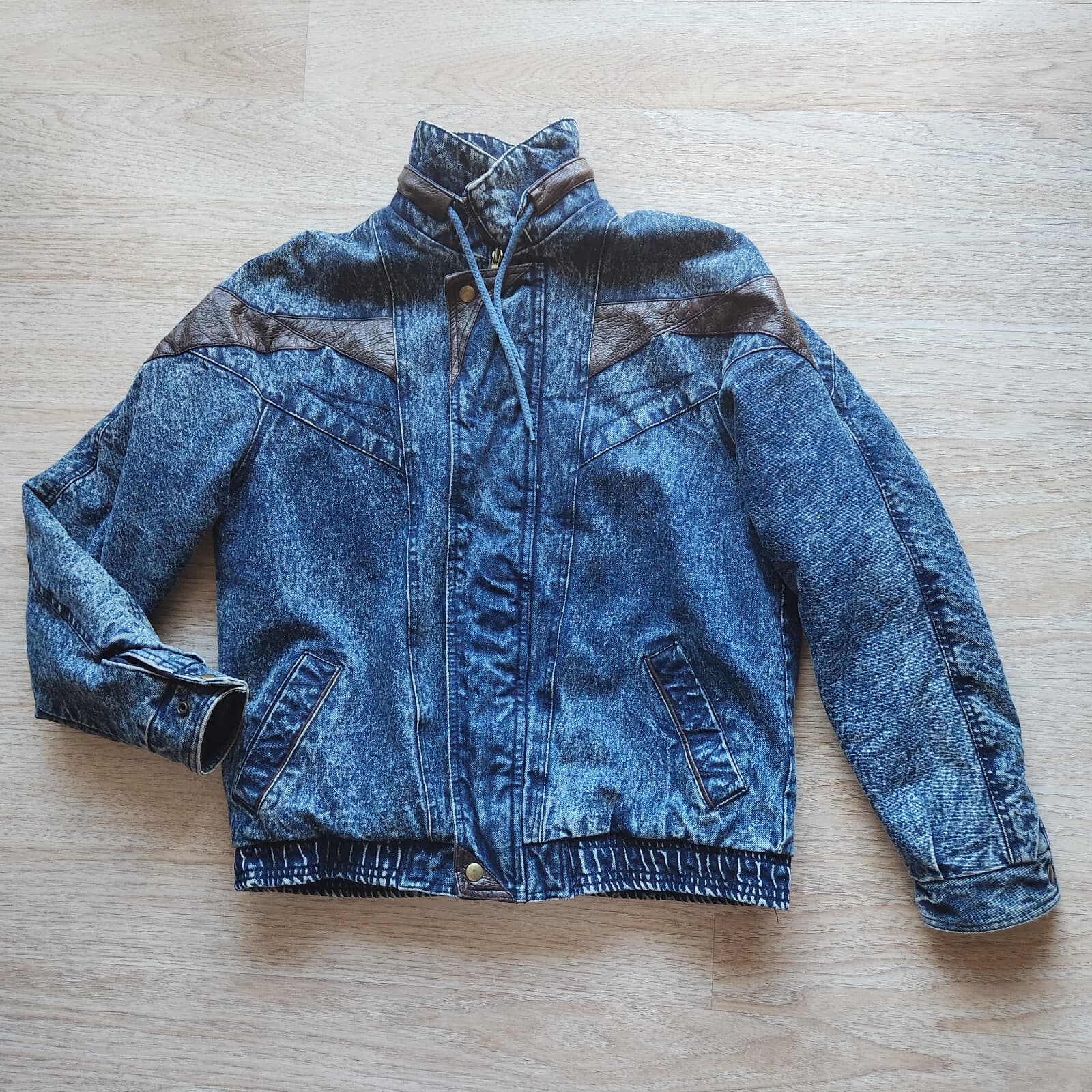 Vintage Eagle's Ridge Acid Denim Faux Leather Trim Bomber Jacket Quilt-Lining XL