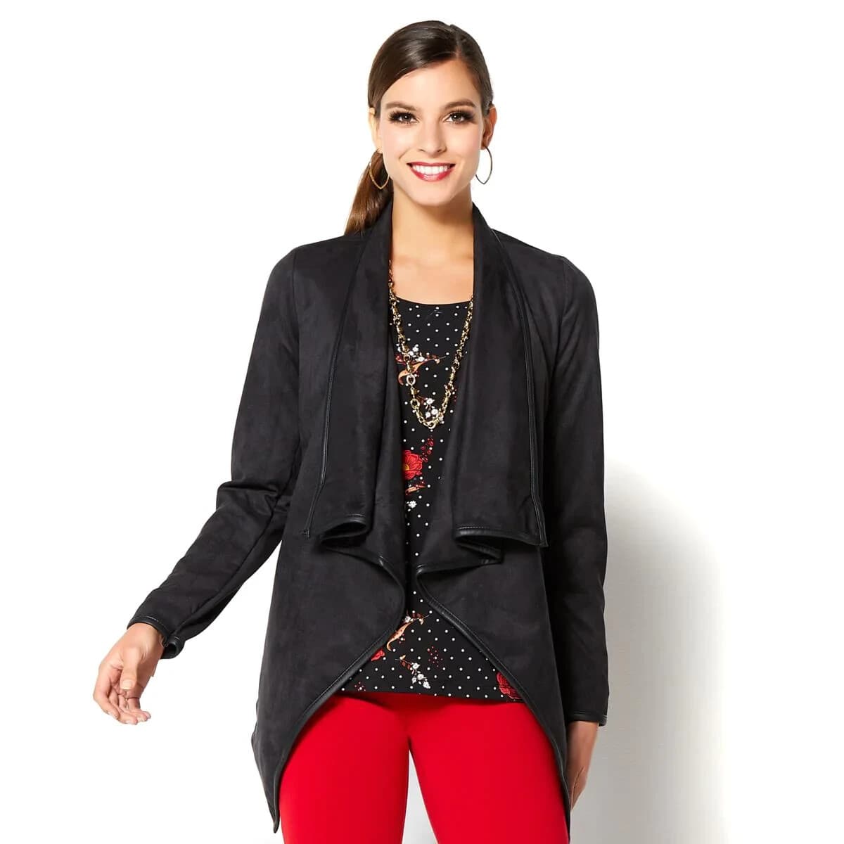 IMAN Faux Suede Drap Open Jacket Cuff-Zipper Asymmetric Hem Stretch Black Sz.1X