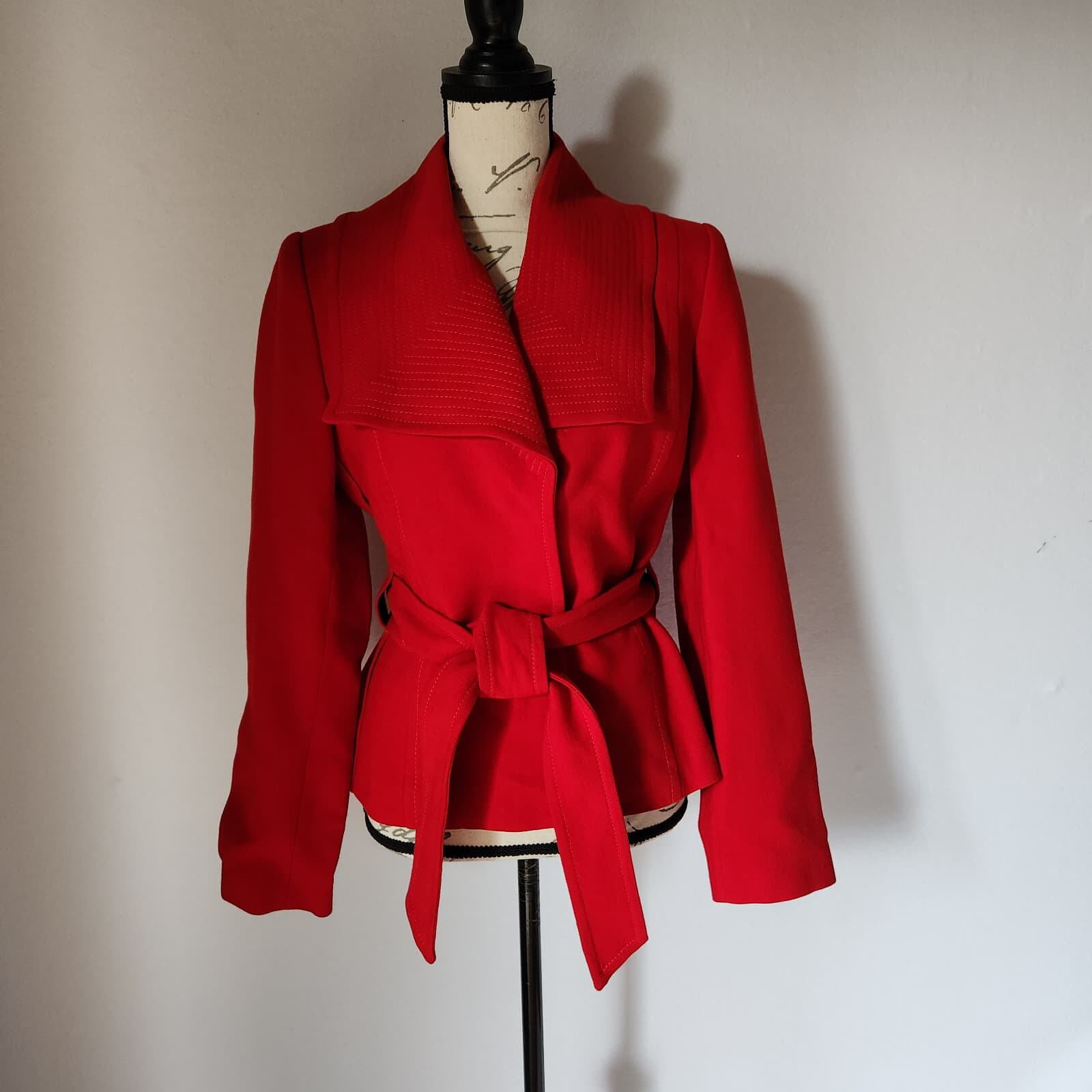 Zara Woman Retro Tie-Waist Coat Jacket Collar Snap Lined Long Sleeve Red Sz.L