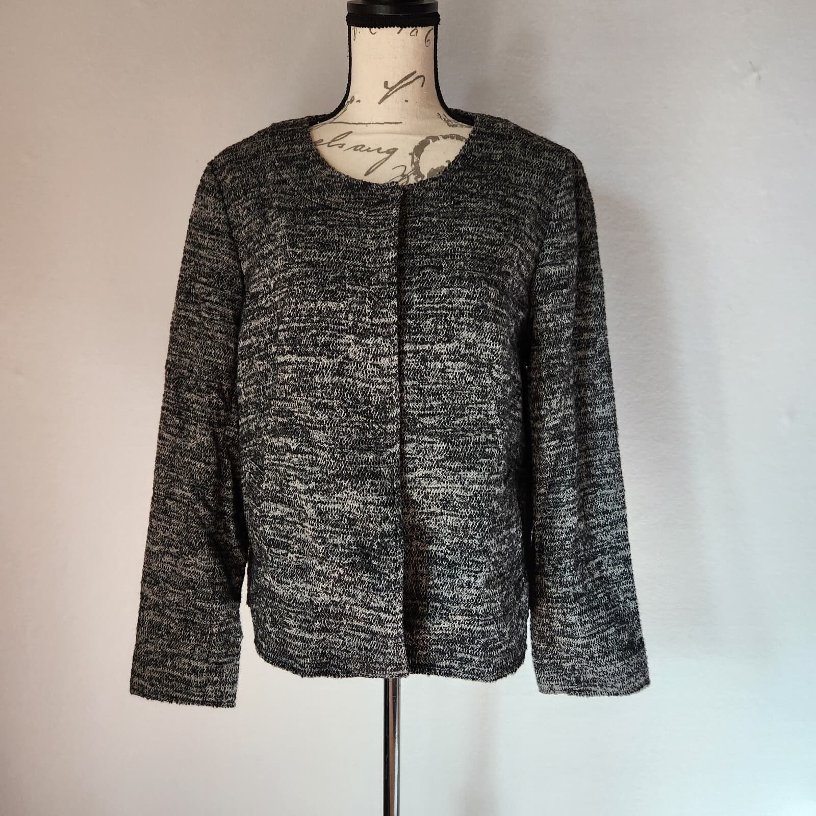 J.Jill Tweed Wool Blend Collarless Jacket Snap Lined Pocket Black Grey Women's L