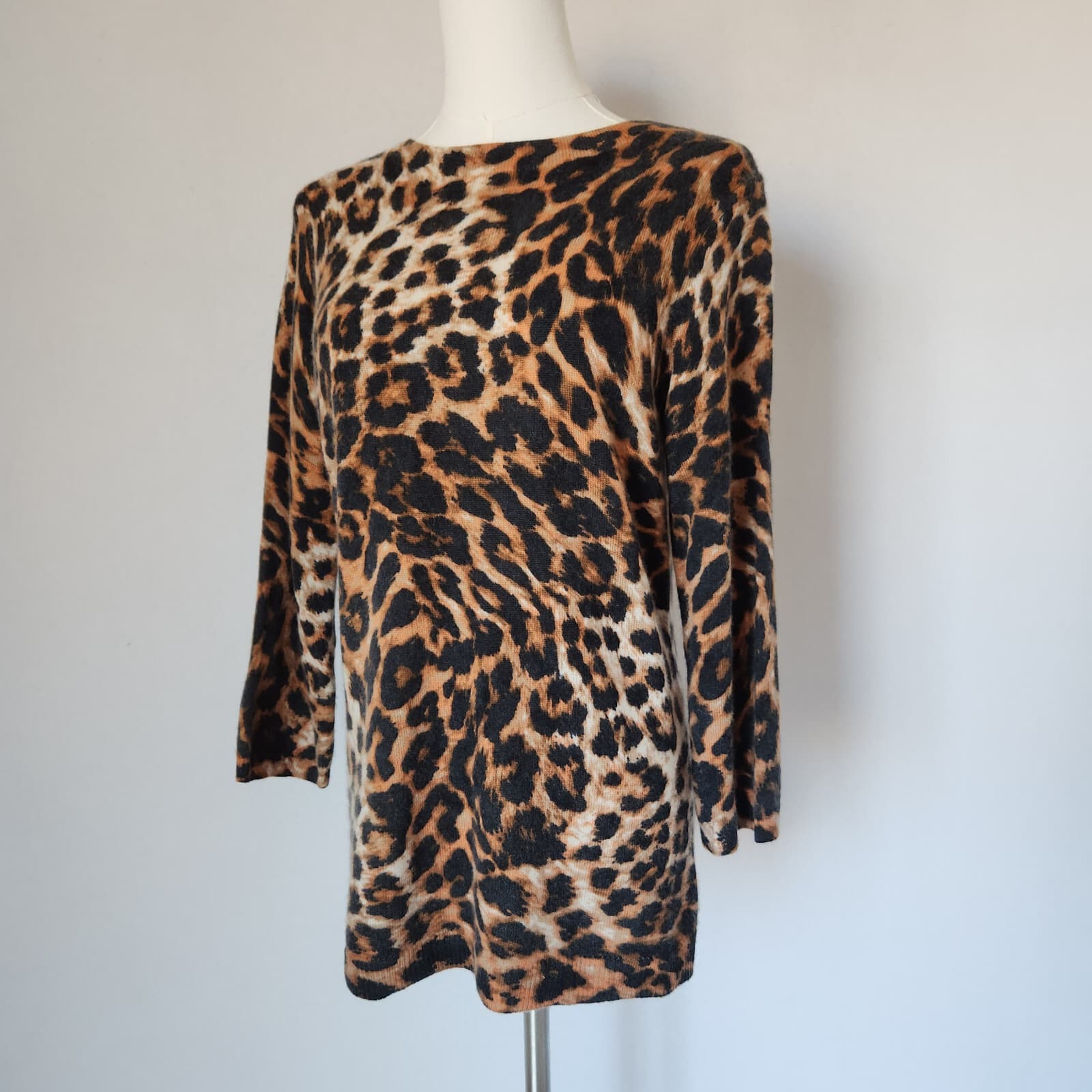 Talbots 100% Cashmere Leopard Audrey Sweater 3/4 Sleeve Crewneck Brown Women's M