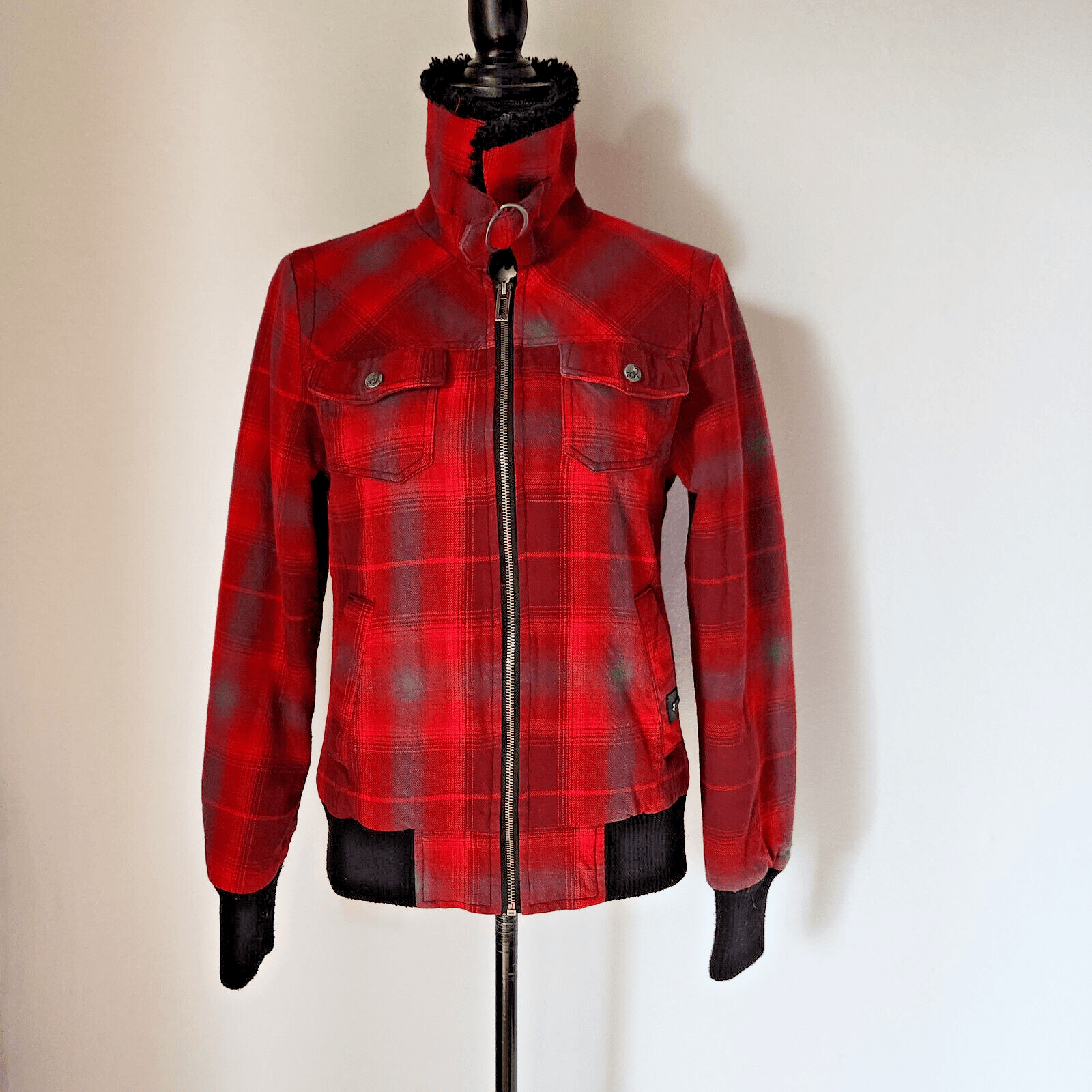 FOX Riders Co Plaid Faux Fur Lining Collar Bomber Moto Jacket Zip Red Women's M
