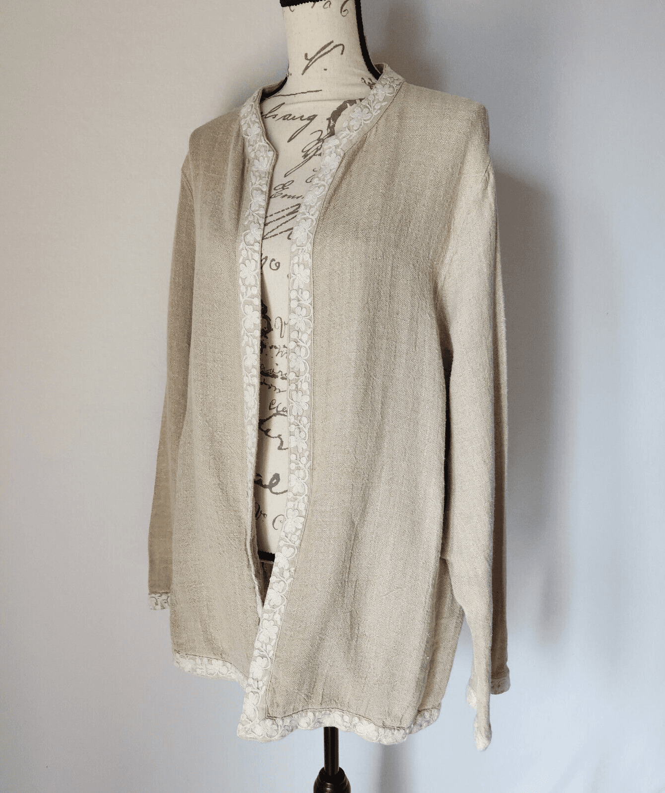 CP Shades Sausalito Linen Embroidered Trim Open Jacket Pocket Natural-Beige Sz.S