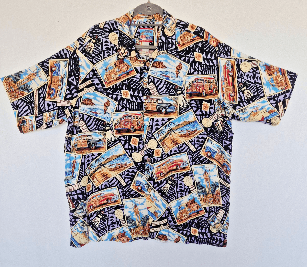 Vintage Joe Kealoha's Hula Postcard Car Islands Hawaiian Shirt Men's Bust 52" XL
