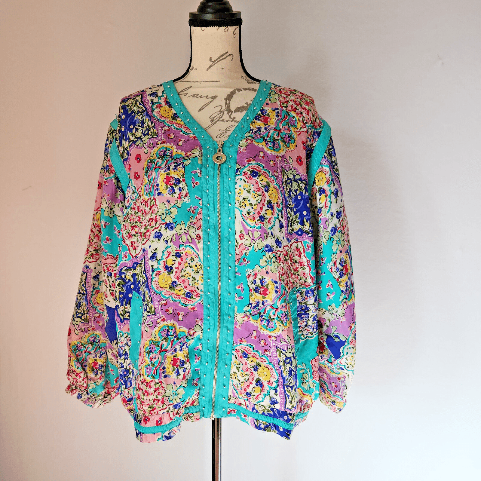 Vintage MURELI Silk Satin Floral Studded Jacket Zip Lined Pocket Multicolor XL