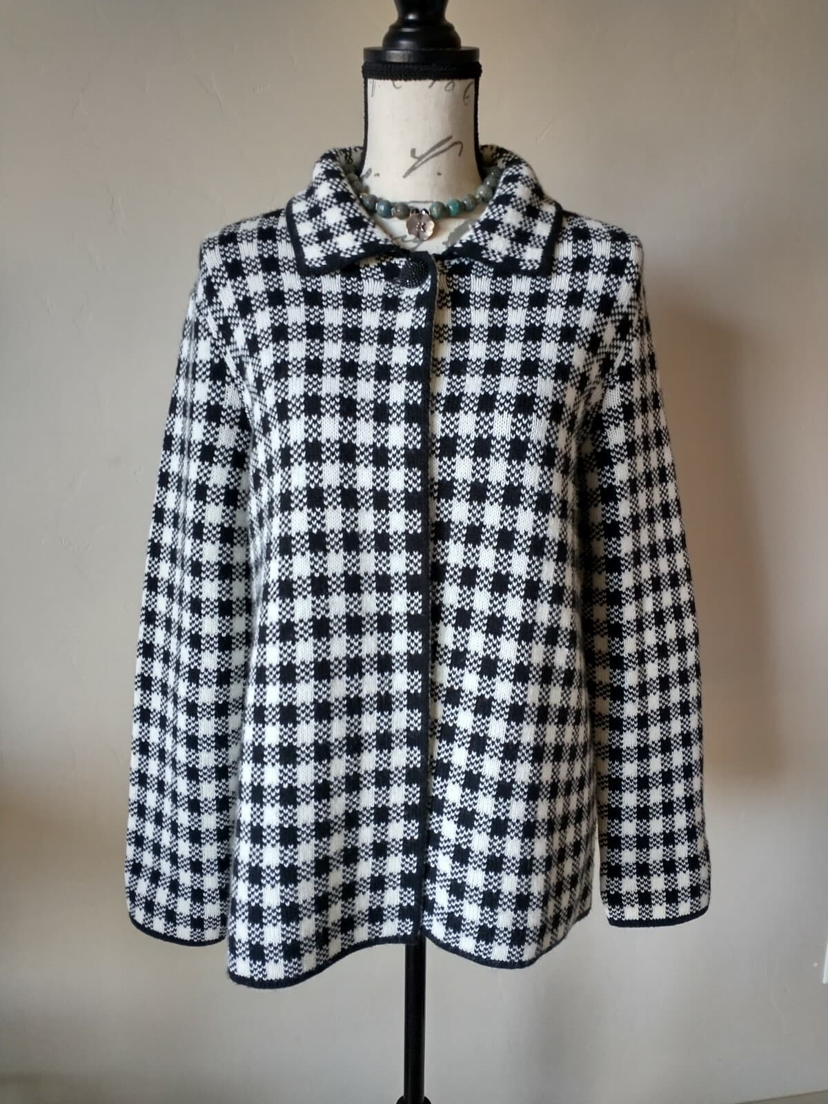 Bianca G. Made in Italy Wool Blend Cardigan One-Button Black White Check Sz.M