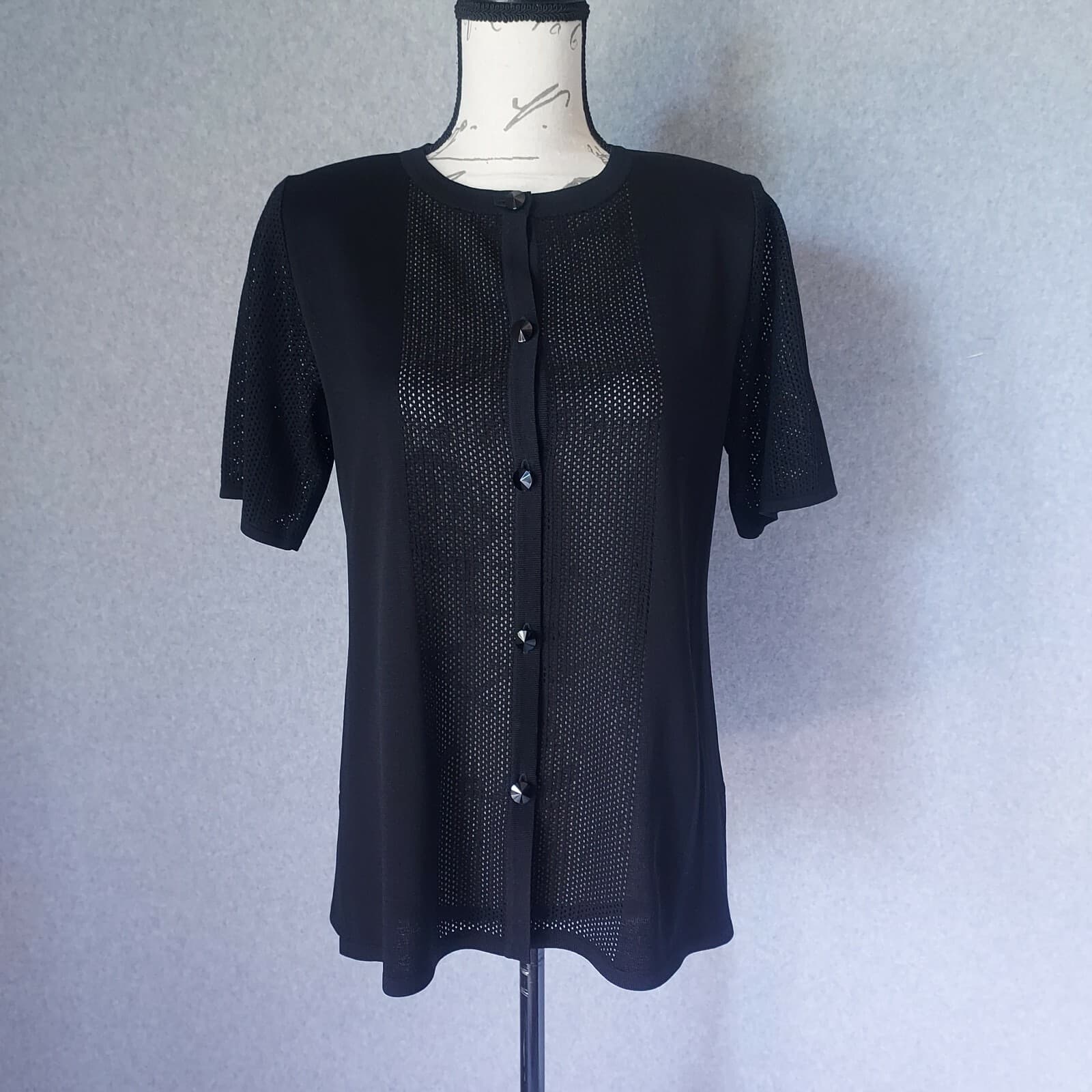Exclusively Misook Acrylic Knit Short Sleeve Top Button Black Women Petite XS