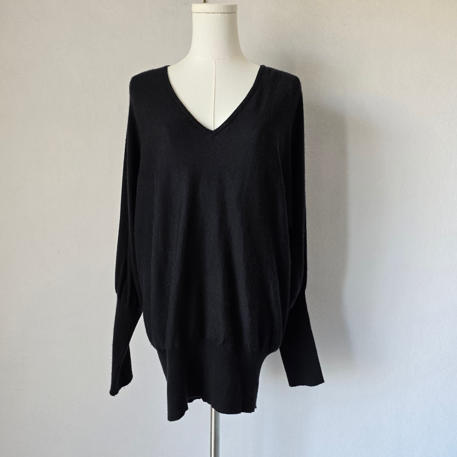 Ralph Lauren Black Label Cashmere Silk Sweater Balloon Sleeve V-Neck Black Sz.L