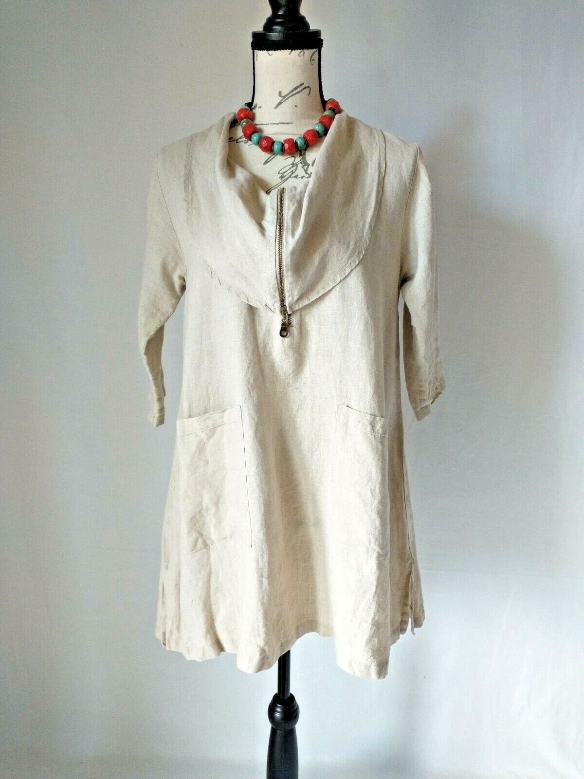 Beni Vie 100%Linen Lagenlook Tunic Top Pocket Natural Fabric Beige S Made in USA