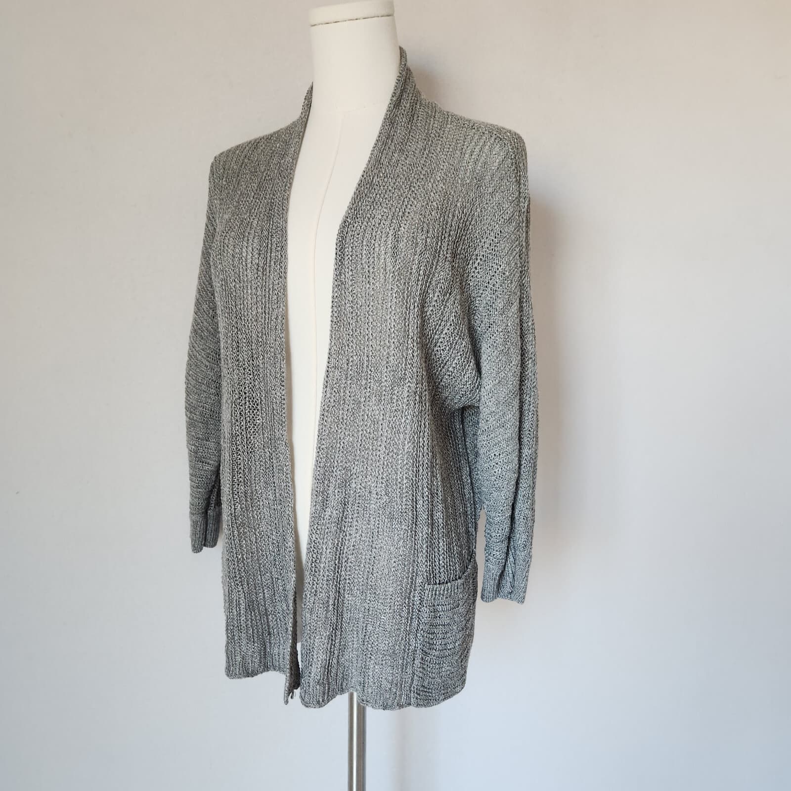 EILEEN FISHER Linen Silk Blend Open-Knit Gray Open Front Cardigan Pocket Women L