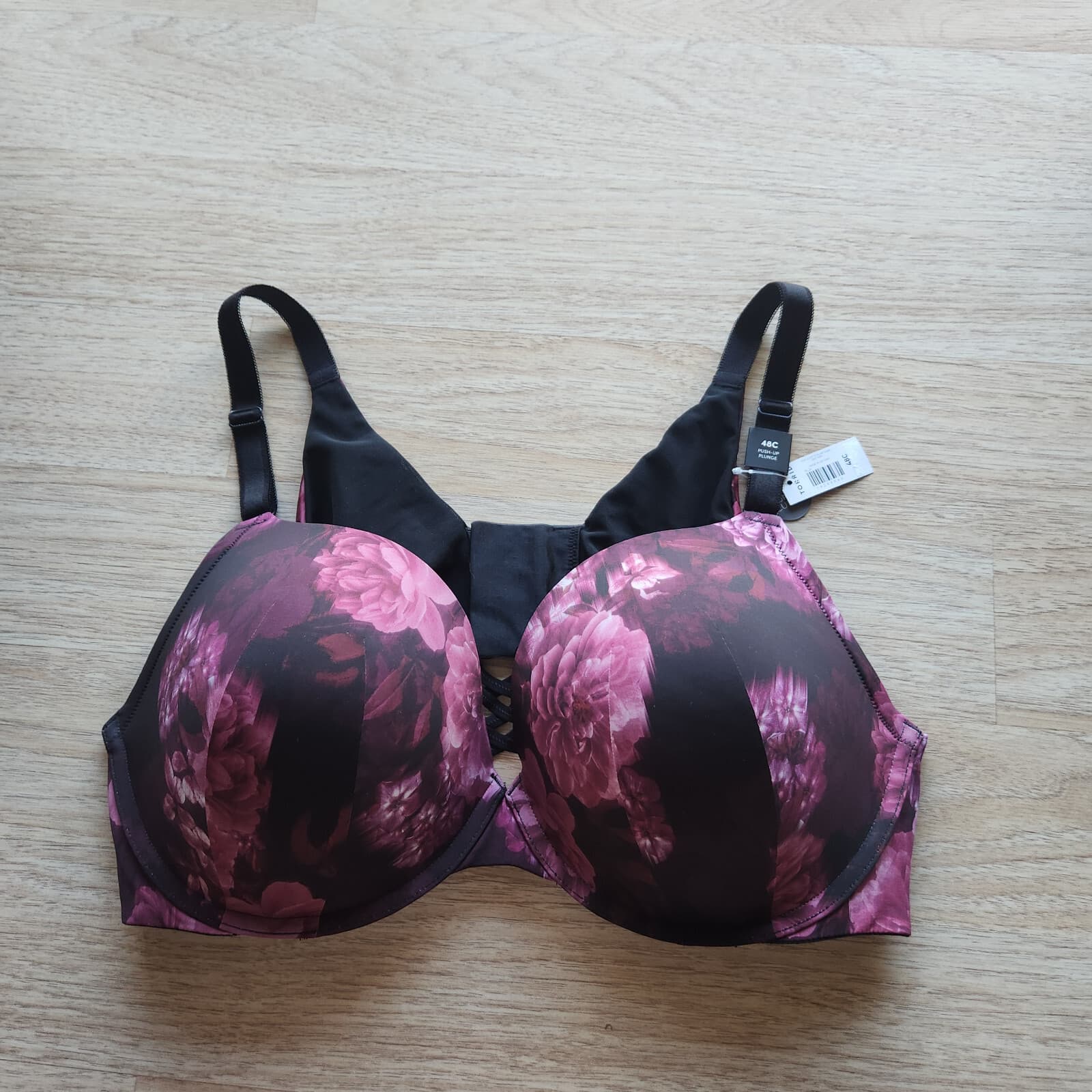 NWT Torrid Curve Floral Push-Up Plunge Bra 360 Back Smoothing Black Pink Sz.48C
