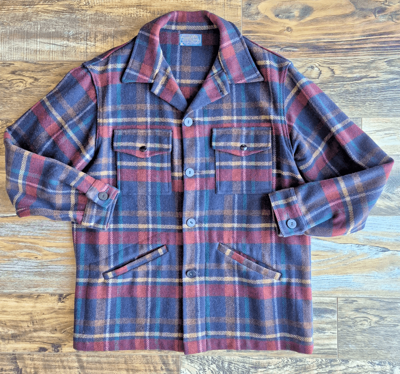 Vintage'70s Pendleton USA Wool Plaid Shirt Jacket Shacket Button Pocket Men's L
