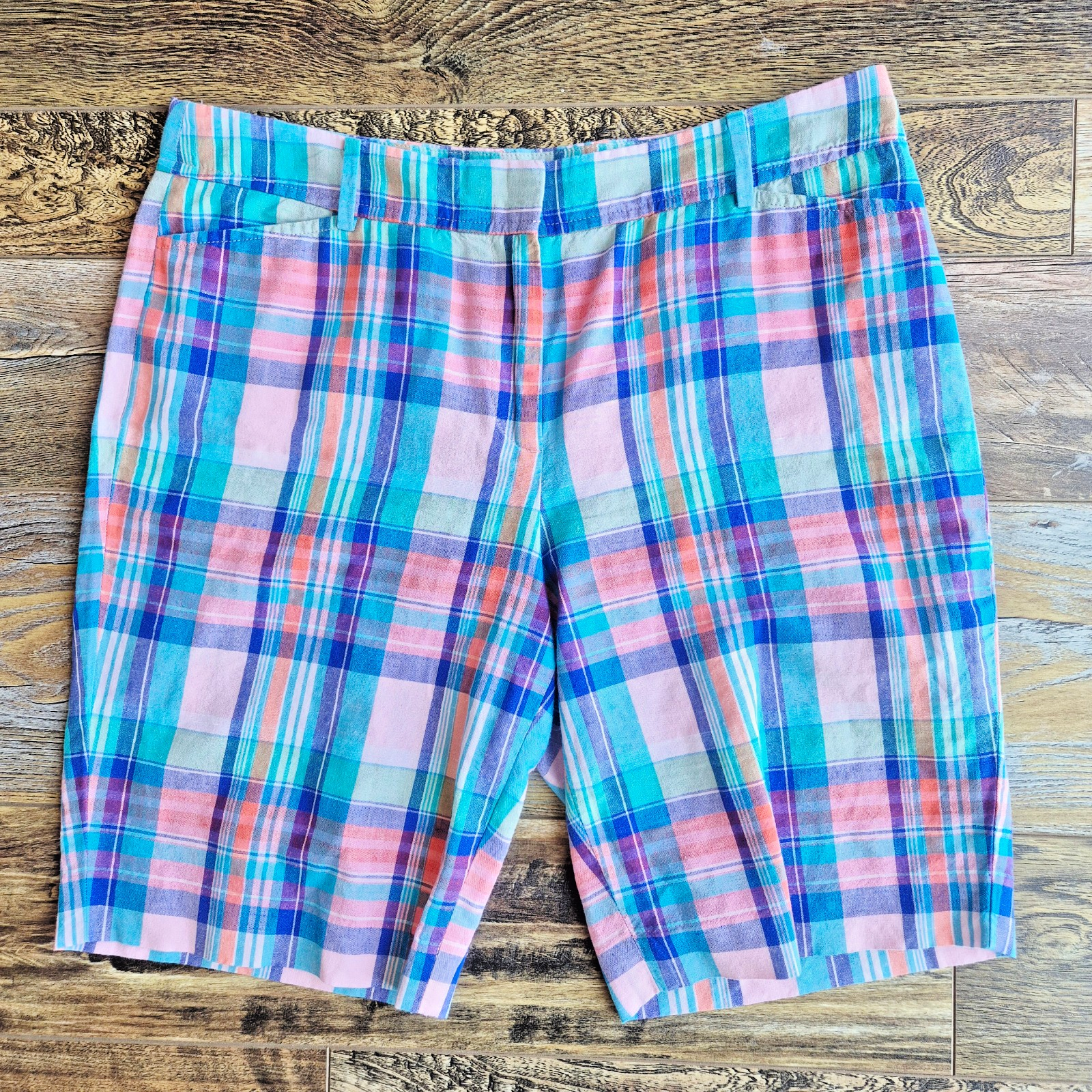NWoT Talbots Perfect Shorts Bermuda 9.5" Madras Linen Blend Multicolor Women's 8