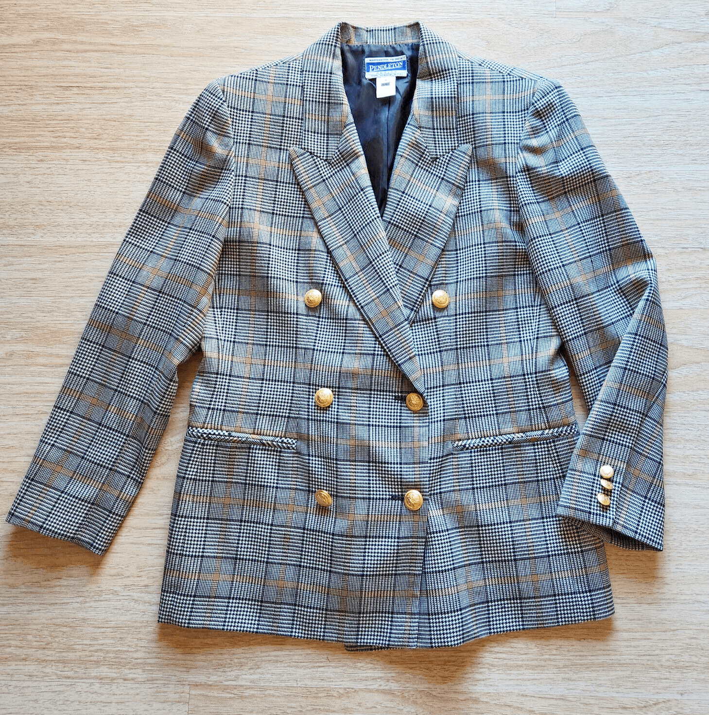 Vintage Pendleton Wool Plaid Houndstooth Double Breasted Blazer Gold Button P10