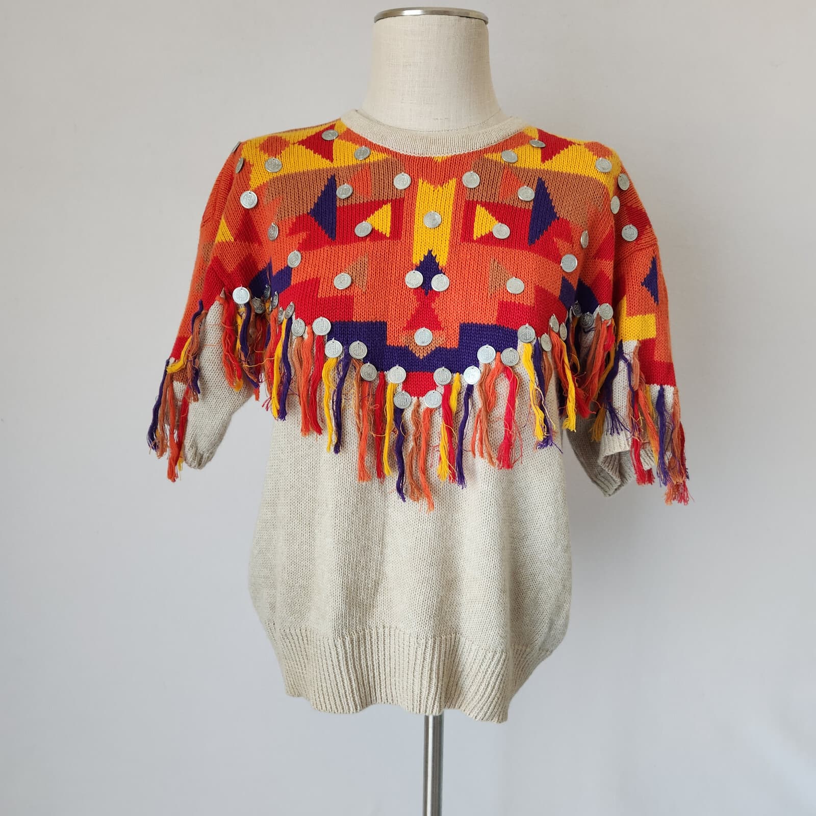 Vintage IB Diffusion Aztec Embellished Fringe Sweater Short Sleeve Bust 40" M/L