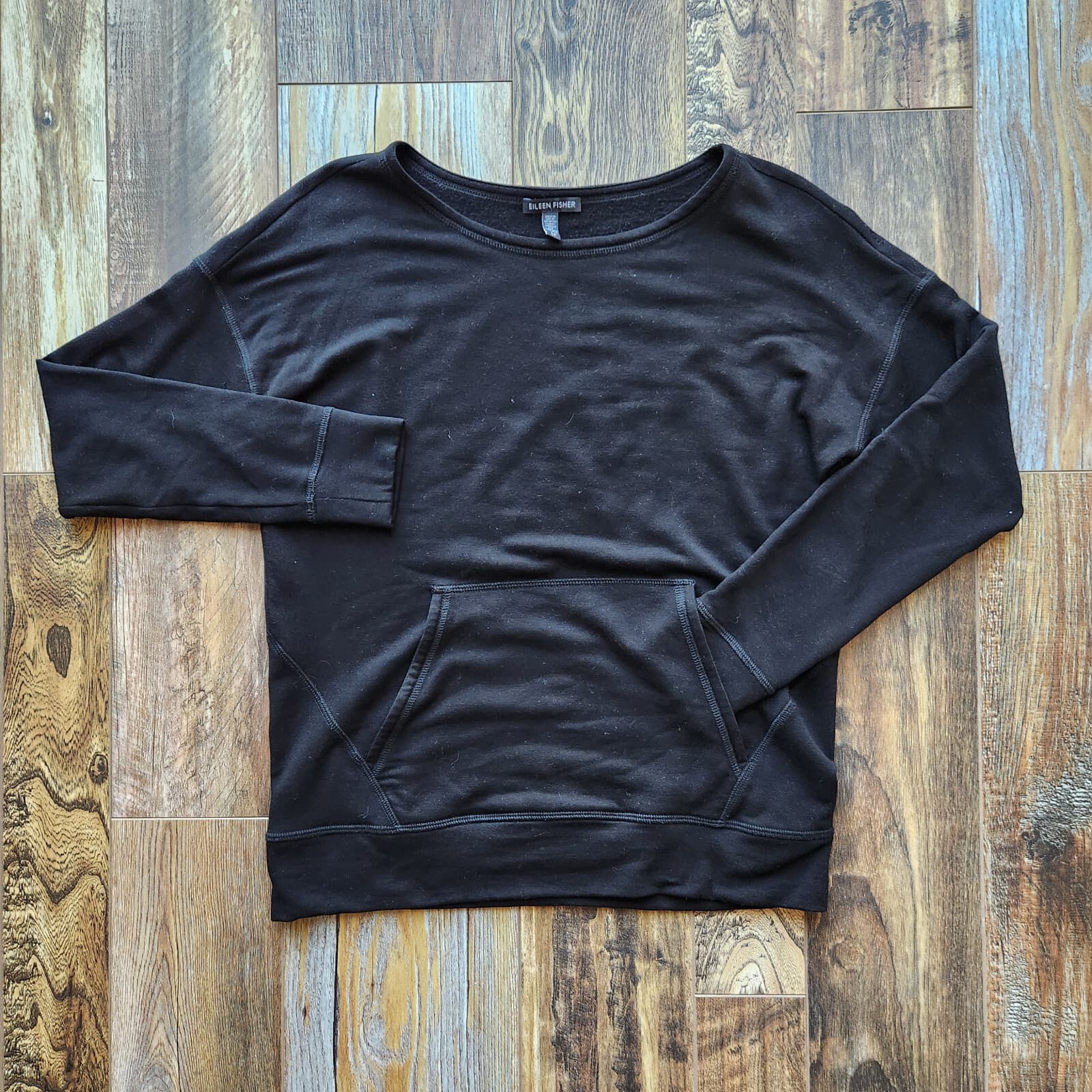 EILEEN FISHER Fleece Lined Crew Sweatshirt Kangaroo Pocket Black Tencel Womens S