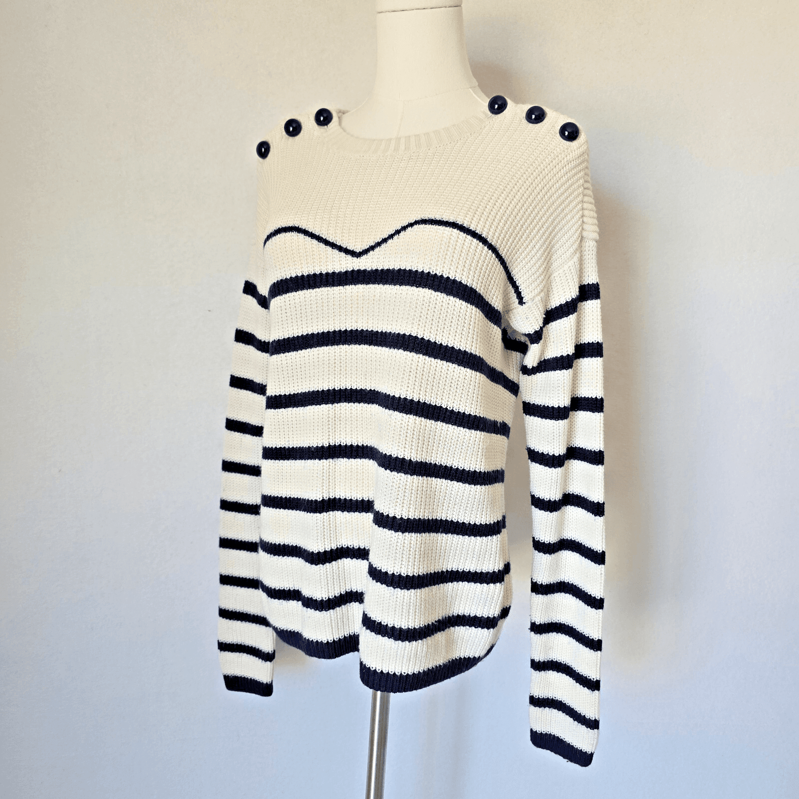 Armani Exchange Wool Blend Prep Strip Sweater Button-Accent Blue Cream Women's M