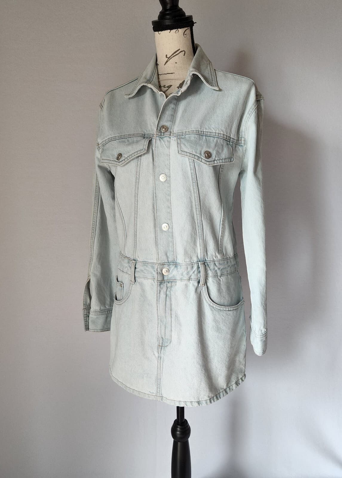 NWoT Zara Mini Denim Shirt Dress Long Sleeve Snap Ligh Wash Blue Cotton Women S