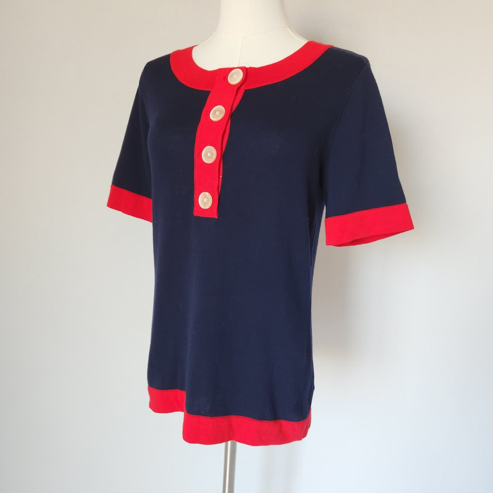 Lauren Ralph Lauren Knit Nautical Sailor Short Sleeve Sweater Navy Red Cotton M