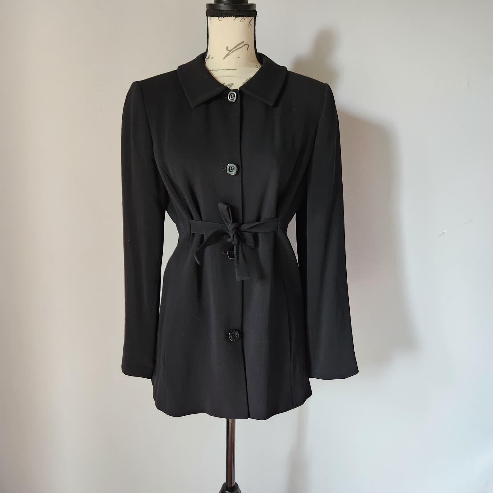 Sui Anna Sui Twill Wool Blend Tie-Waist Jacket Pocket Black Sz.44 Made in Italy