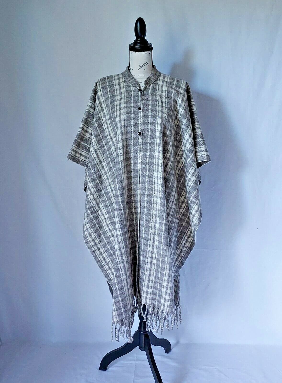 MOLINA Wool Poncho Button Fringe Grey Cream Plaid Women Oversize Made in Mexico