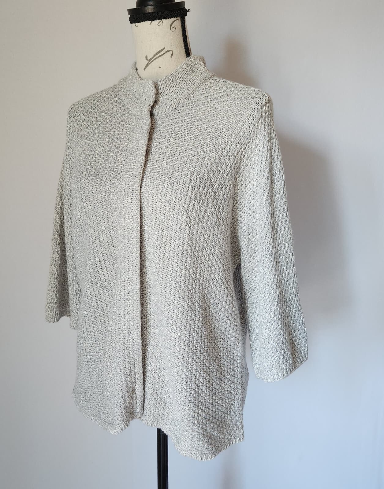 J.Jill Waffle Knit Mock Neck Cardigan Snap 3/4 Sleeve Cotton Wool Grey Women M