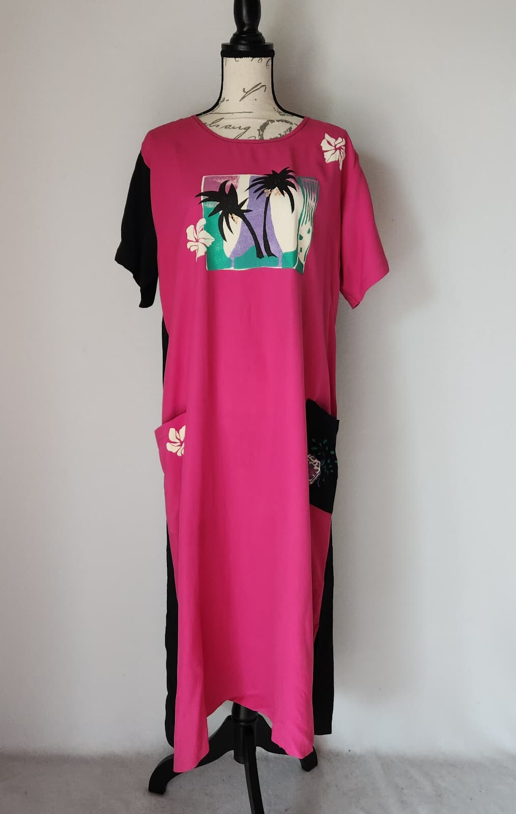 Crazy Fish Hawaii Tropical Maxi Dress Short Sleeve Pocket Rayon Pink Black Sz.L