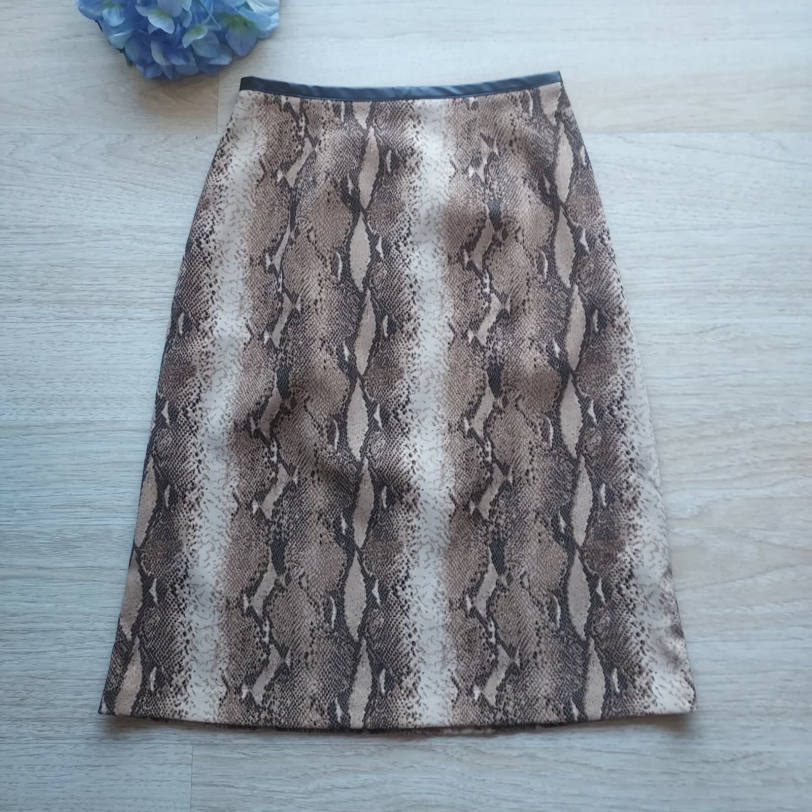 Stephanie Andrews Snakeskin Printed Mini Skirt Faux Leather Trim Brown Women 4