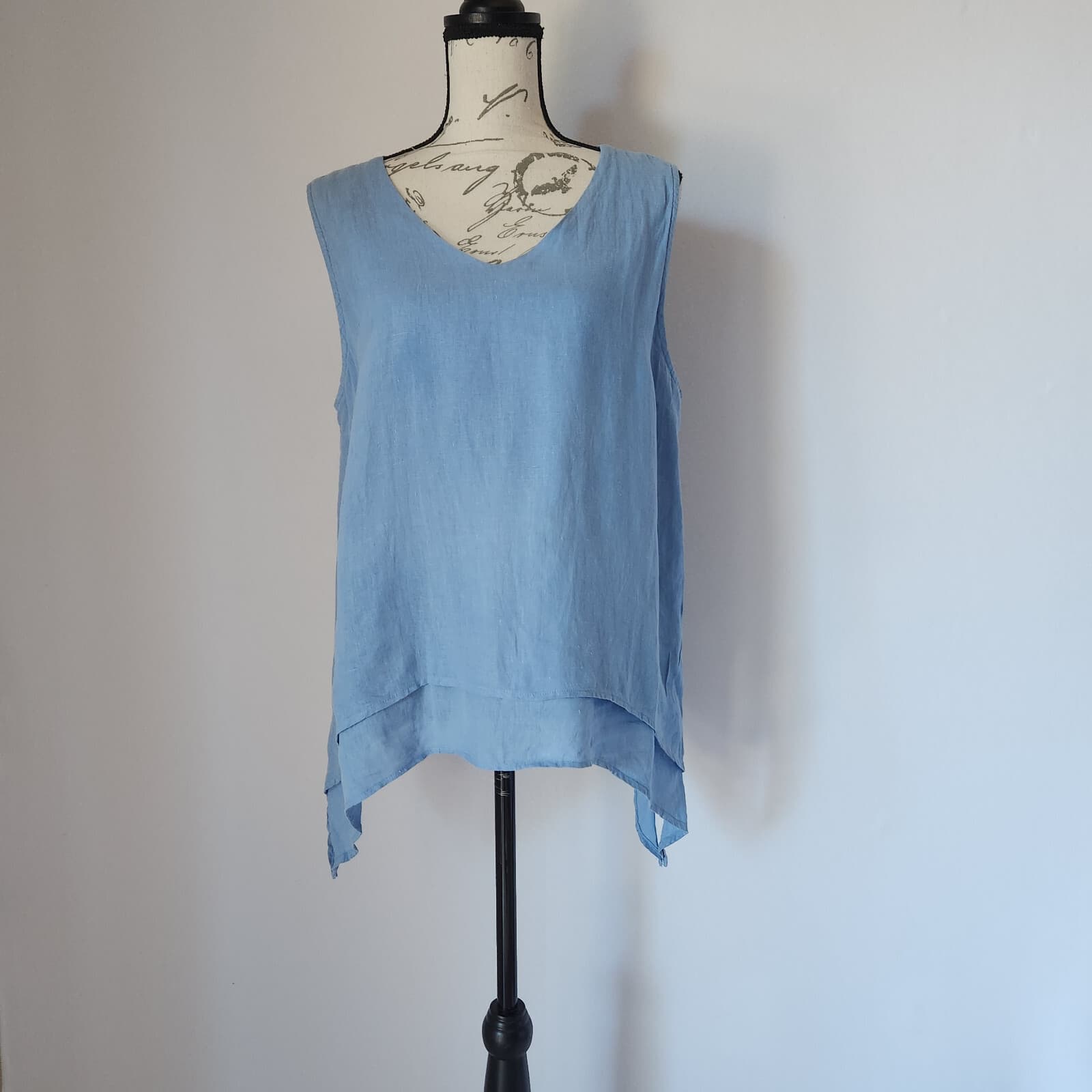 La. Fixsun Pre-Shrunk Linen Lagenlook Hi-Low Layered Tank Blue Sz.M Made in USA