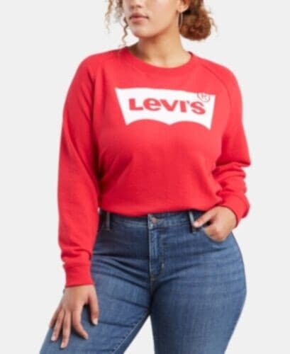 Levi's Logo Print Comfy Terry Knit Sweatshirt Long Sleeve Crew Neck Red Women L
