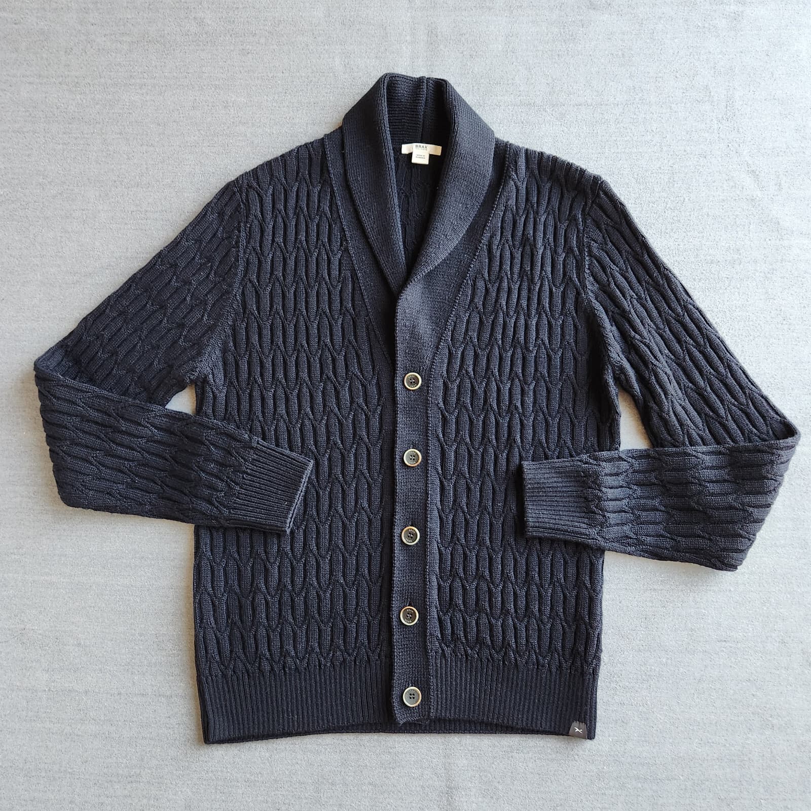 BRAX $248 James Wool Blend Shawl Collar Cardigan Cable Knit Blue Bust 44" (L)