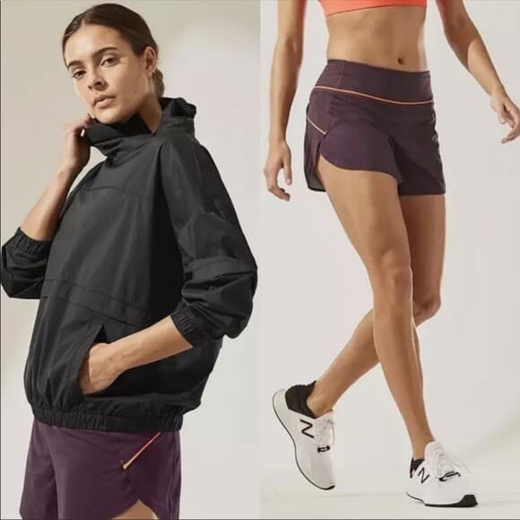 Athleta Run With It Piping Shorts Zip-Pocket Drawstring Purple Women Sz.L